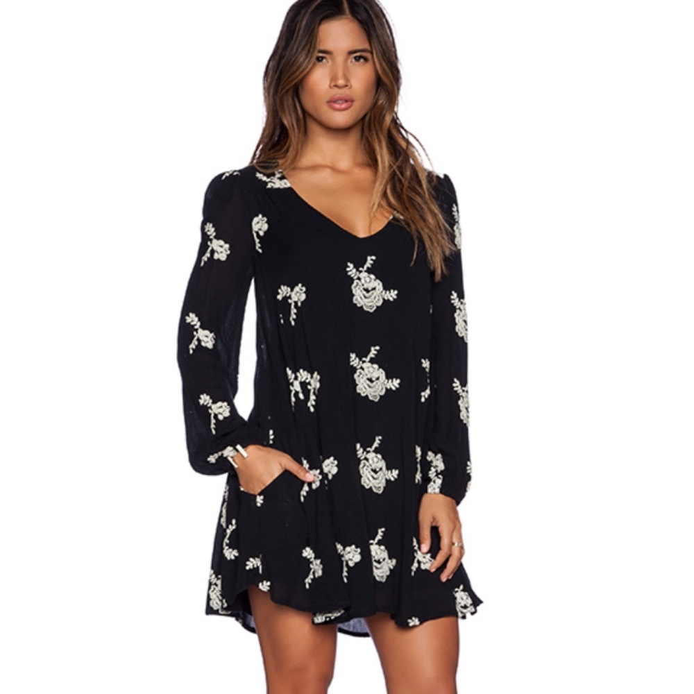 Free People Black Mini Dress with White Floral Print